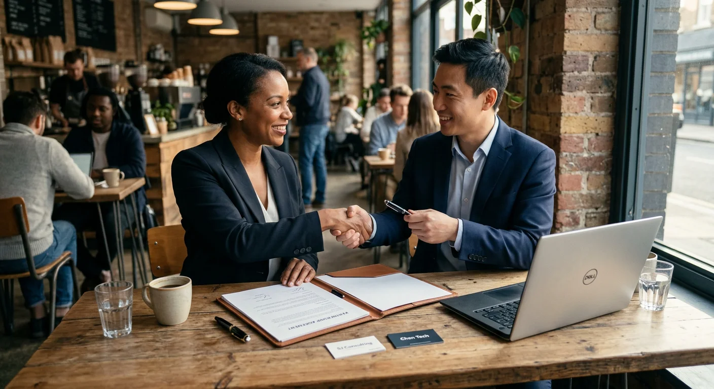 Two business owners shake hands over a signed agreement at a cafe table