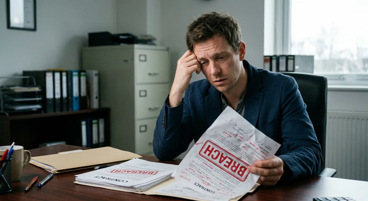 California business owner at his desk reviewing a contract stamped BREACH in red ink