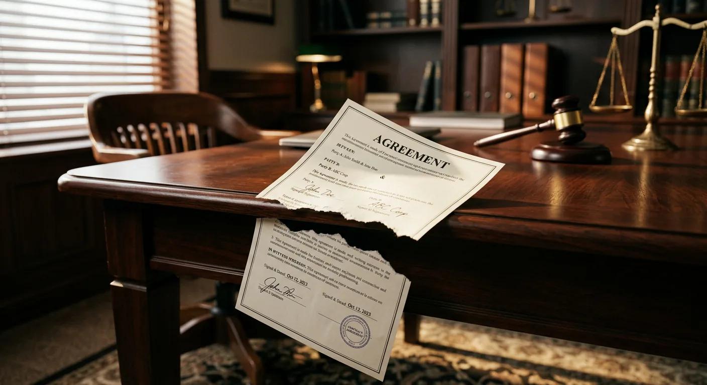 Torn signed business agreement lying on a law office desk beside a gavel and scales of justice