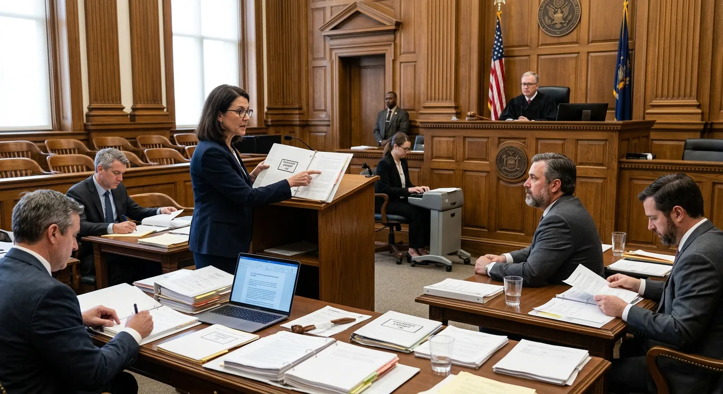 Business litigation attorney presenting an exhibit to the judge during a California business dispute trial