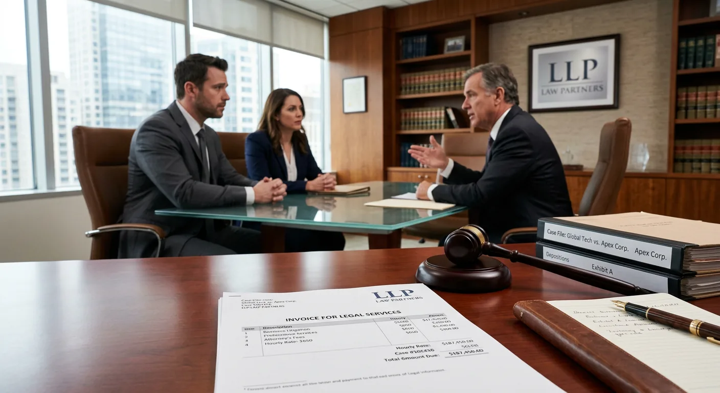 Attorney fee invoice on a conference table as business clients meet with their litigation attorney