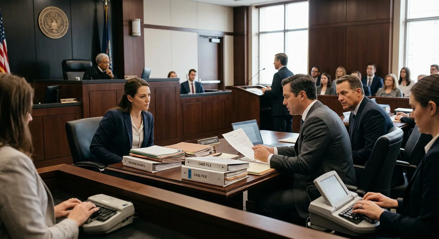 Business litigation counsel table in a California courtroom with case files and exhibits during trial