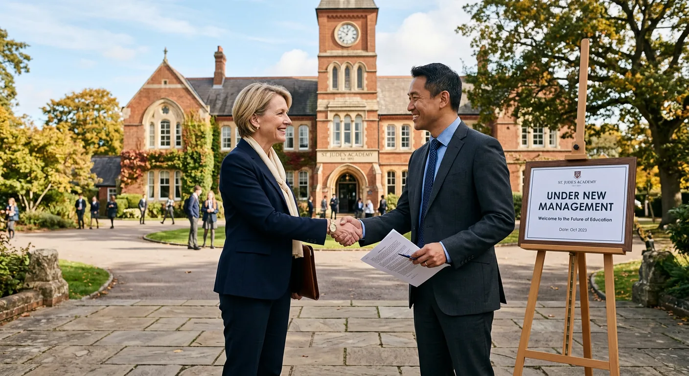College officials shaking hands outside a campus beside an Under New Management sign marking a change in institutional control